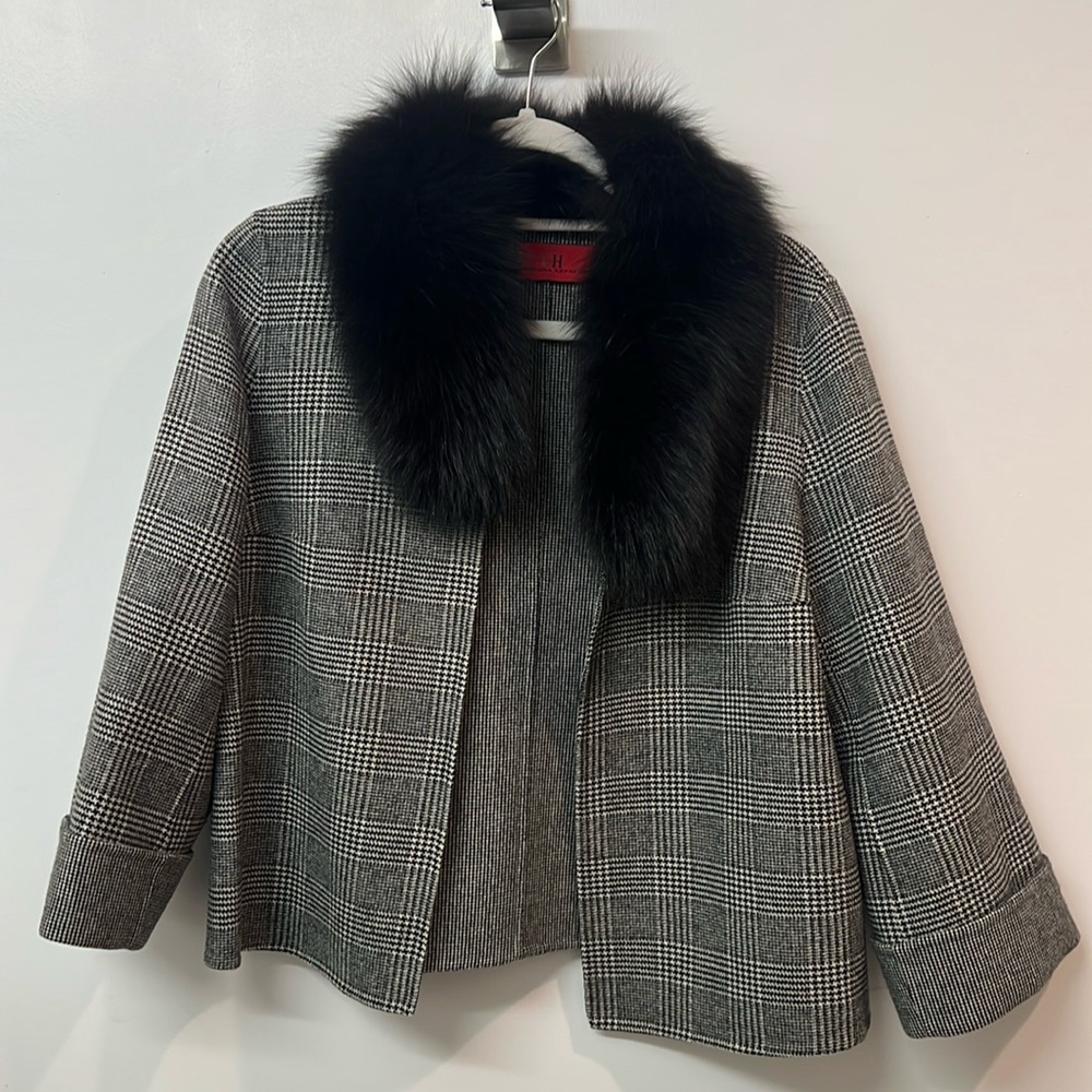 CH Carolina Herrera Herringbone Cardigan Removable Fur Collar Size 6